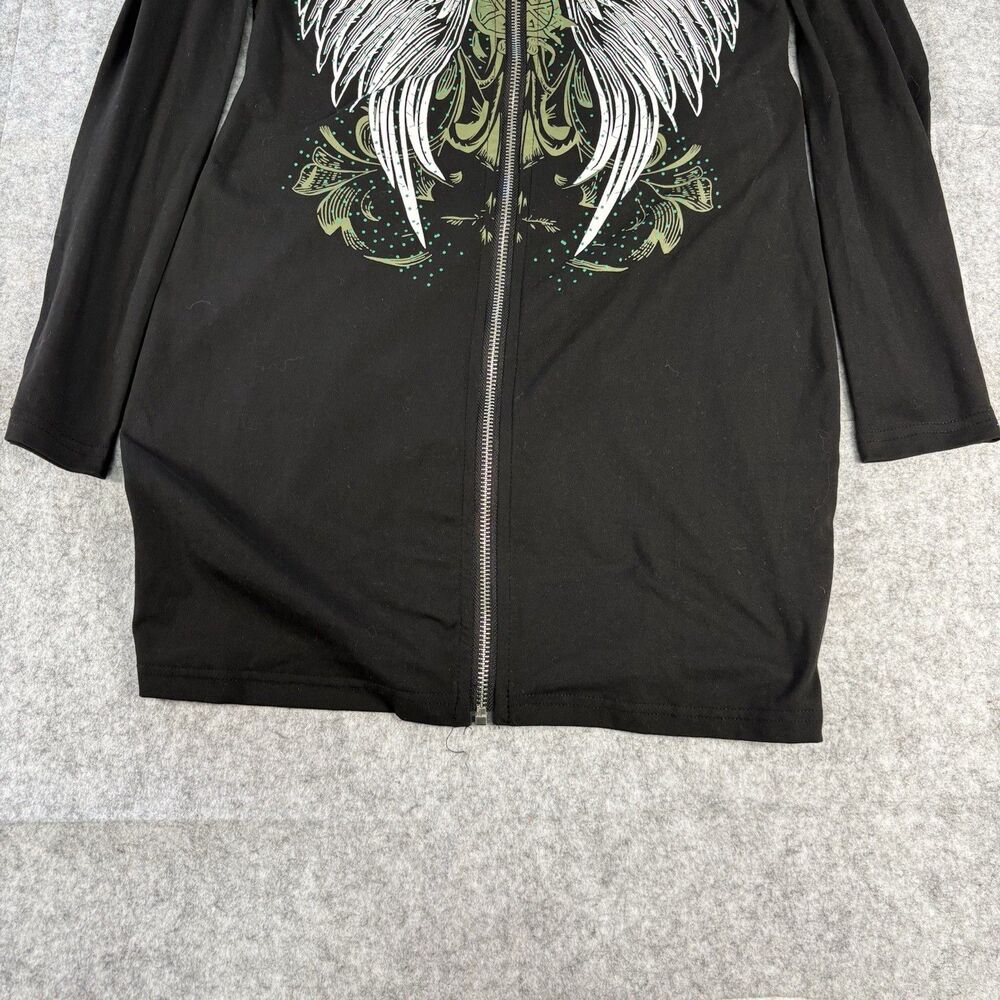 INAWLY Black Angel Wing Rhinestone Hooded Zip Mini Dress Womens S NWT Goth Y2K - Picture 2 of 15